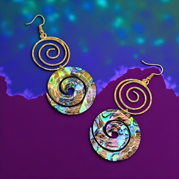 🆕️14K Gold Plated Spiral Abalone Shell Earrings | Lightweight Statement Dangles - Picture 1 of 9